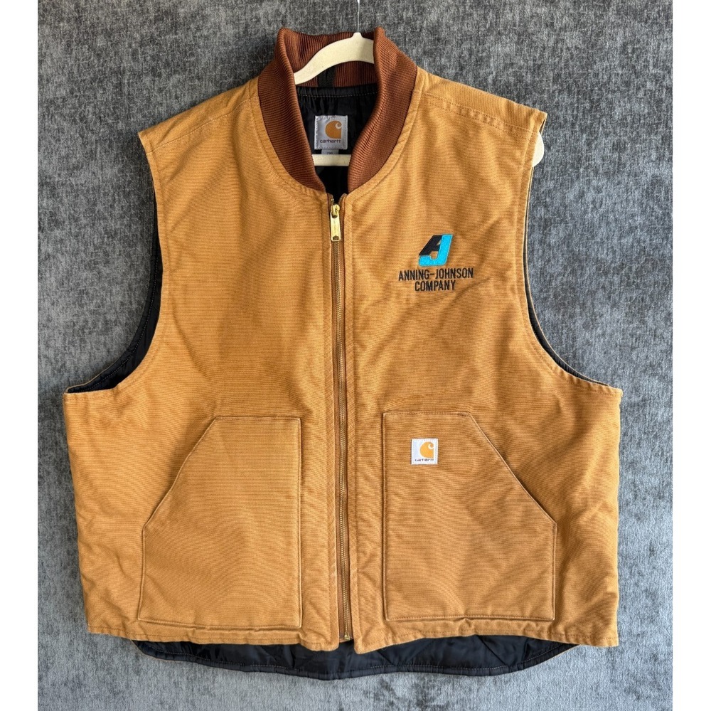 Carhartt Vest Mens 2XL Brown Duck Canvas Quilt Lined Rib Knit Collar Workwear